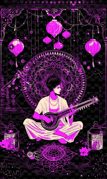 PSD indiase sitarist zit kruis op een podium met int illustratie muziek poster ontwerpen