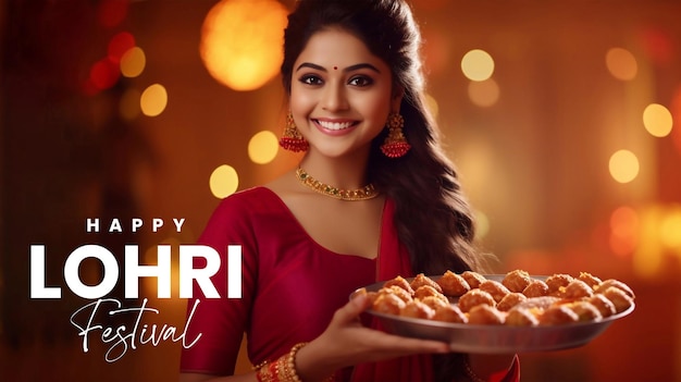 Indiase vrouw met een sari die een bord panipuri vasthoudt om het lohri-festival te vieren