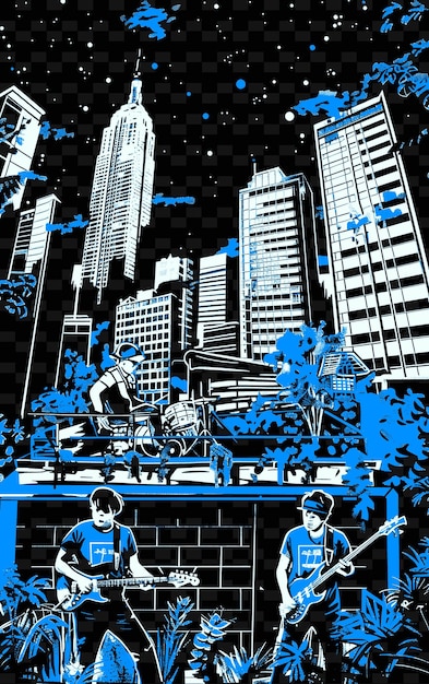 PSD indie pop band speelt in een stedelijke daktuin met skyscr illustration music poster designs