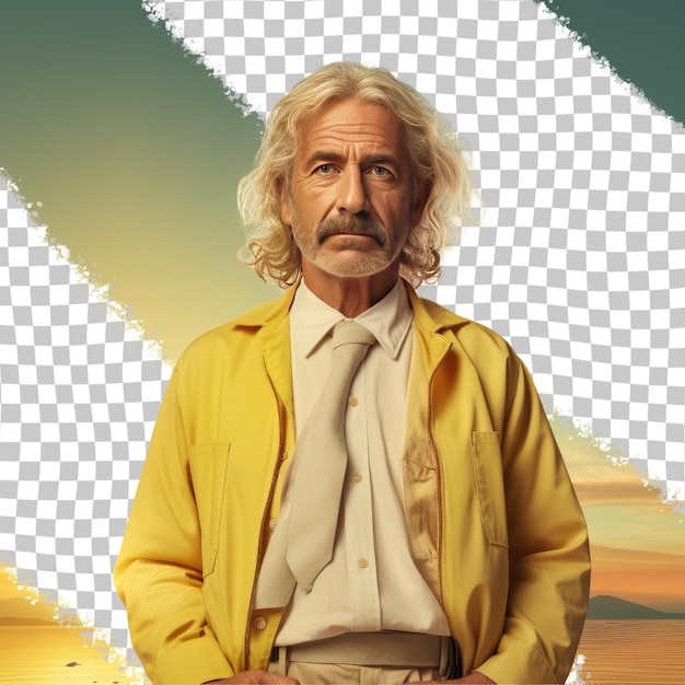 PSD a indifferent middle aged man with blonde hair from the middle eastern ethnicity dressed in fishing by the lake attire poses in a crossed arms confidence style against a pastel lemon backgr