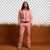 PSD a indifferent middle aged man with long hair from the nordic ethnicity dressed in occupational therapist attire poses in a standing with crossed ankles style against a pastel peach backgrou