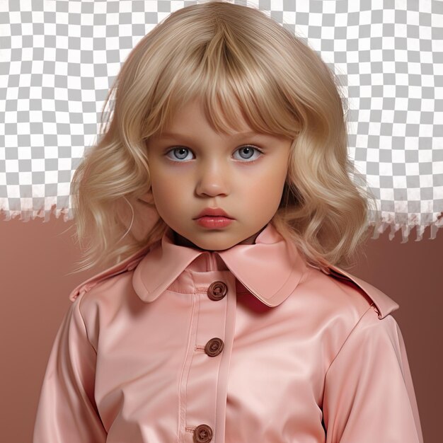 PSD a indifferent toddle girl with blonde hair from the west asian ethnicity dressed in health educator attire poses in a holding collar of jacket style against a pastel salmon background