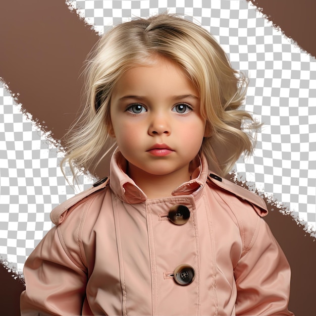 PSD a indifferent toddle girl with blonde hair from the west asian ethnicity dressed in health educator attire poses in a holding collar of jacket style against a pastel salmon background