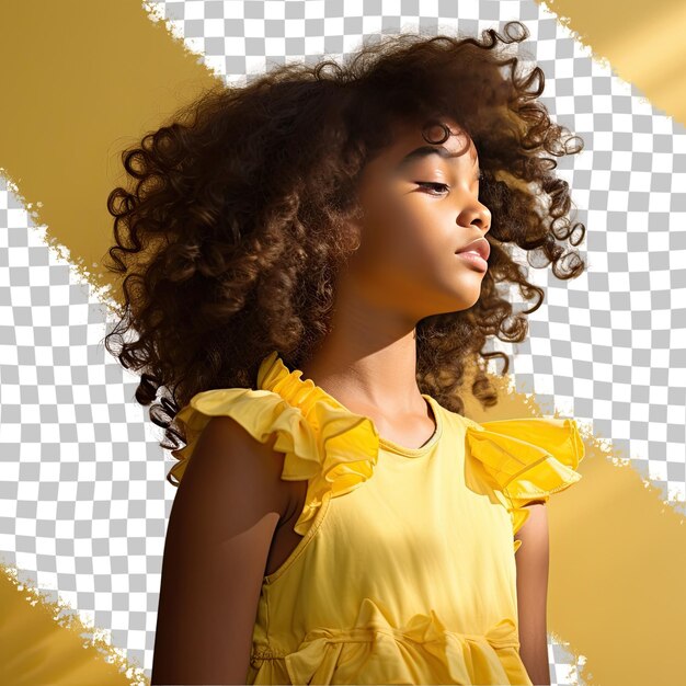 PSD a indifferent toddle girl with kinky hair from the south asian ethnicity dressed in choreographer attire poses in a profile with dramatic lighting style against a pastel lemon background