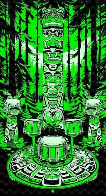 PSD トーテム・ポールイラストレーション・ミュージック・ポスター・デザインで 森林で演奏する先住民族のドラム・サークル