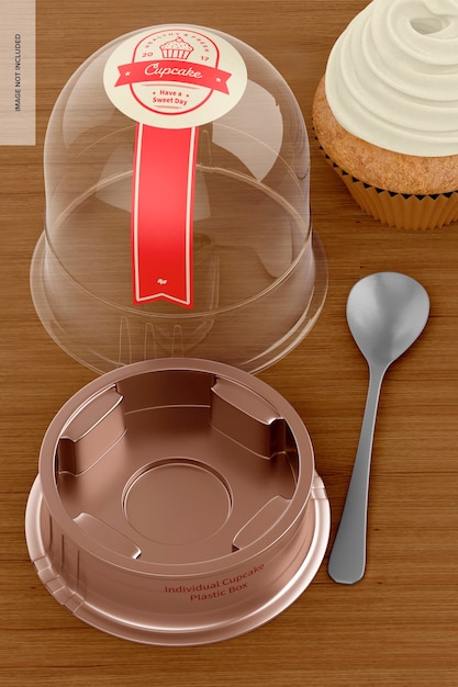 PSD scatola di plastica per cupcake individuale con mockup di cucchiaio