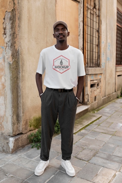 Individual genuine person wearing tshirt mockup