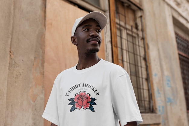 Individual genuine person wearing tshirt mockup