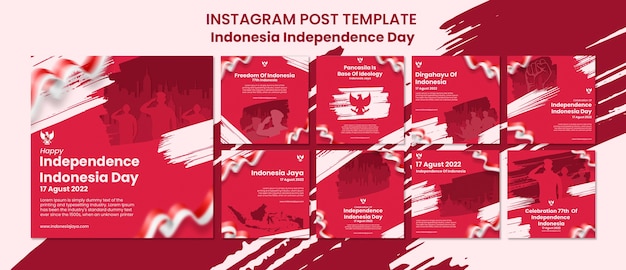 PSD indonesia independence day instagram posts collection with brush strokes design