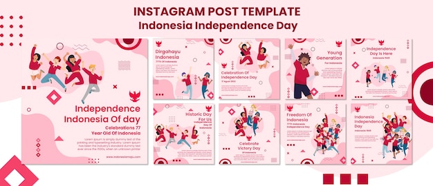 Indonesia independence day instagram posts collection with people jumping and geometric shapes
