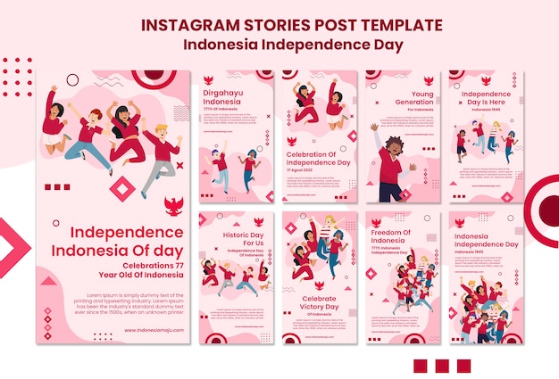 Indonesia independence day instagram stories collection with people jumping and geometric shapes