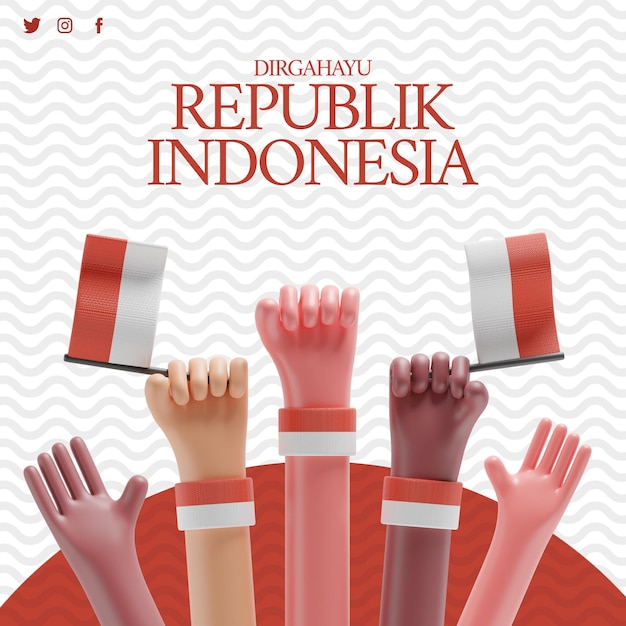 Indonesia independence day post template with 3d render hand carrying indonesia flag