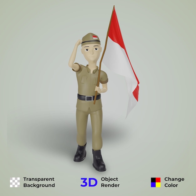 PSD indipendenza indonesiana 17 agosto 3d design del soldato che porta bandiera rossa e bianca