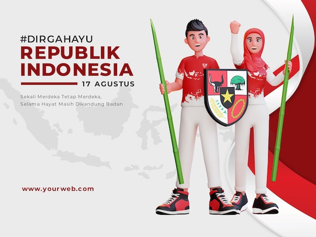 Indonesian independence banner template with 3d character