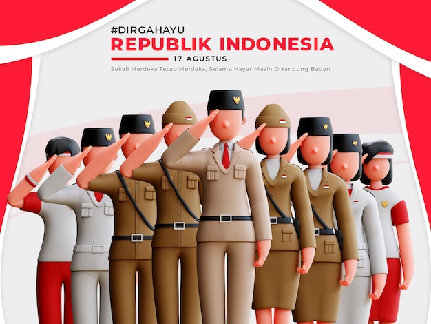 PSD indonesian independence banner with 3d character saluting people