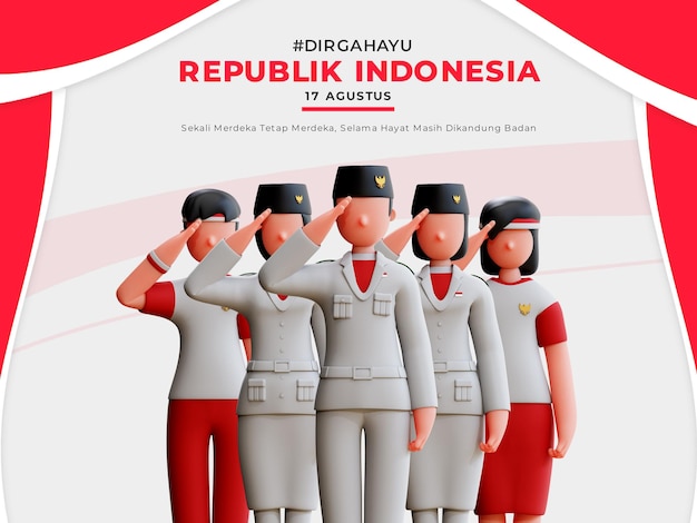 PSD indonesian independence banner with 3d flag raisers character saluting people