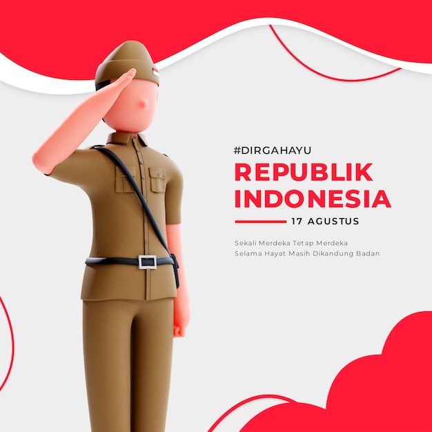 PSD indonesian independence banner with 3d male patriot character