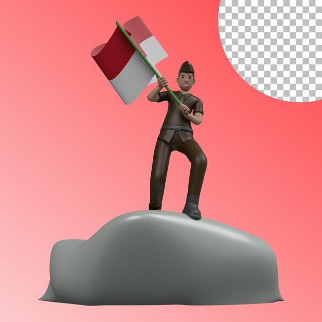 Uomo di festa dell'indipendenza indonesiana che sventola la bandiera