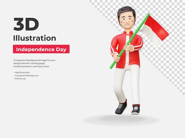 PSD indonesian man holding bamboo pole flag celebrating independence day 3d cartoon illustration