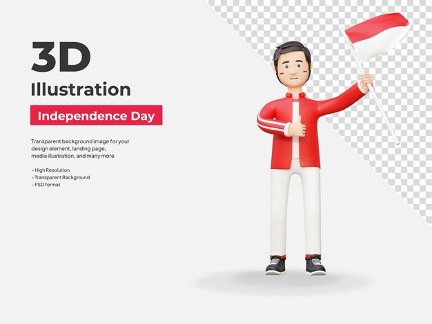 PSD indonesian man holding flag celebrating independence day 3d cartoon illustration