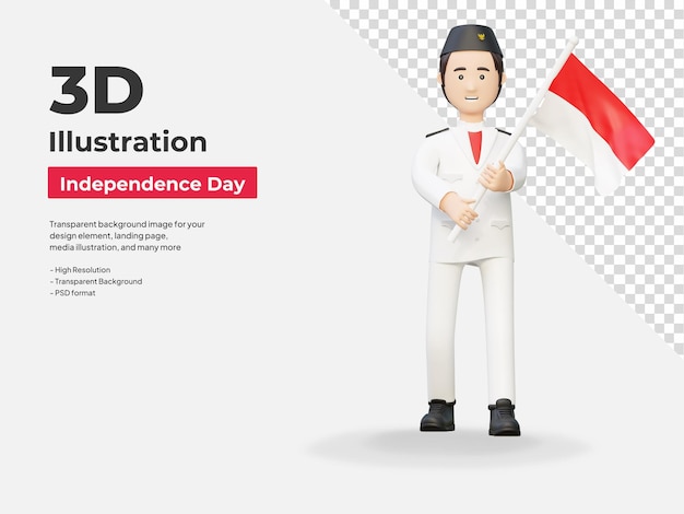 PSD Индонезийский мужчина с флагом индонезии празднует день независимости 3d мультфильм