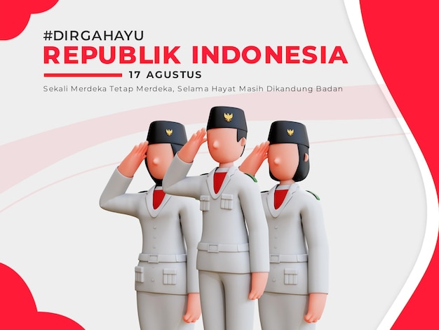 Indonesische onafhankelijkheidsbanner met 3d-vlaggenfokkers die mensen groeten