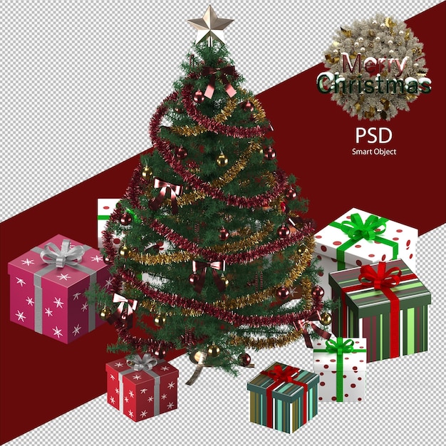 PSD indoor christmas tree decoration with gift boxes isolated