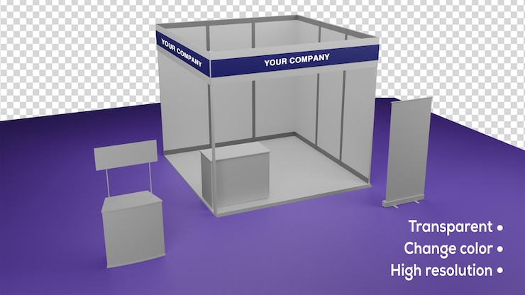 PSD indoor trade exhibition booth standard stand for presentation with standee and sampling booth mockup