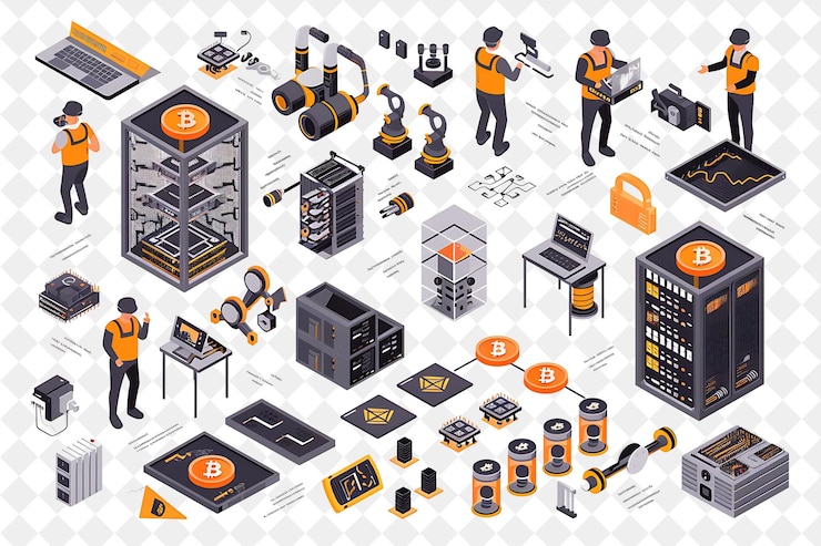 PSD industrial blockchain developer with characters developing a png people in daily work illustration