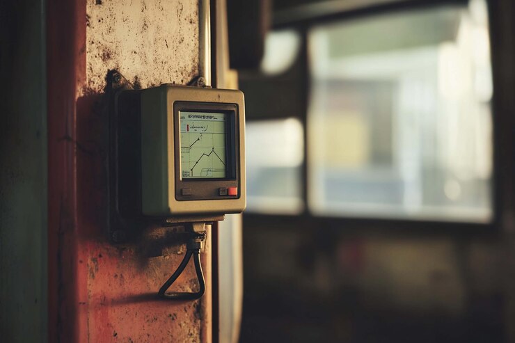 PSD industrial control panel with display showing data graph mounted on a weathered wall in a vintage train carriage