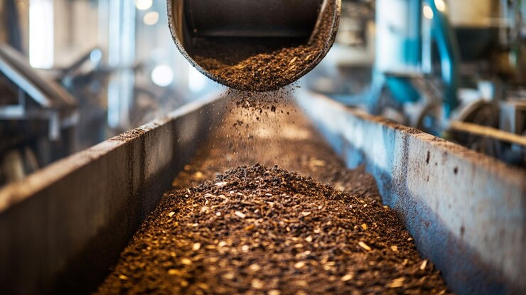 PSD industrial conveyor belt transporting granular material