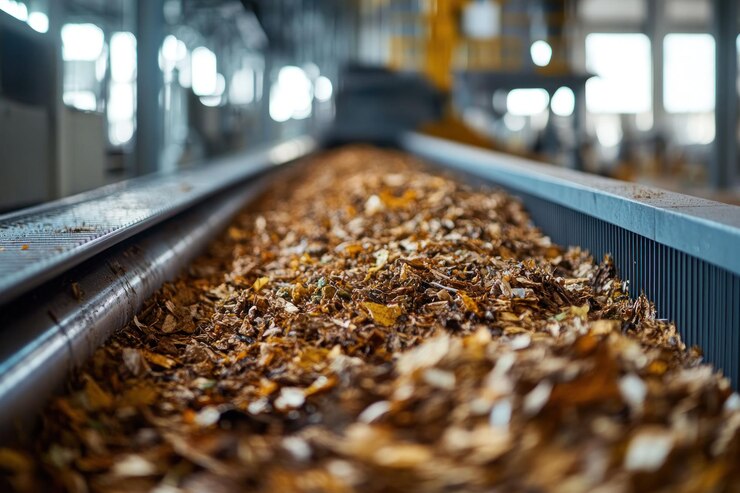 PSD industrial conveyor belt transporting shredded wood or biomass