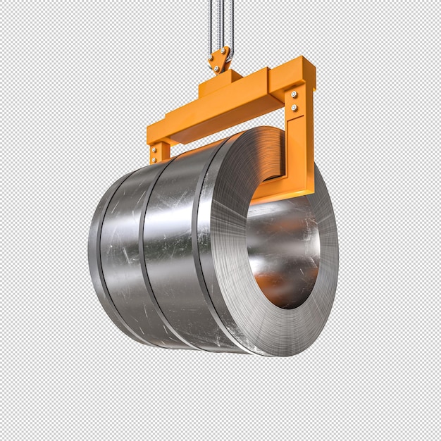 Industrial crane lifting a large metal coil