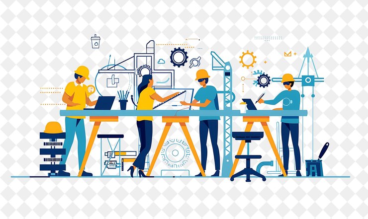 PSD industrial engineer with characters designing and building s png people in daily work illustration