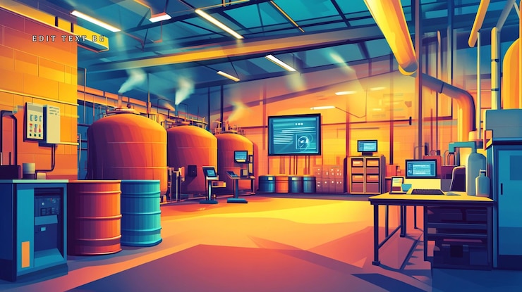 PSD industrial facility interior with large tanks monitoring screens and equipment