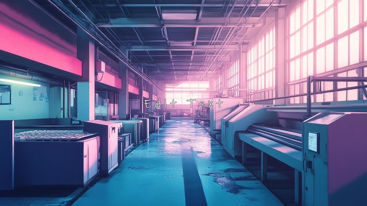 PSD industrial factory interior with machinery and large windows