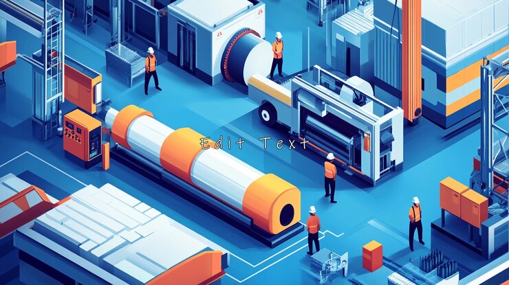 PSD industrial factory isometric view showing workers operating machinery and equipment