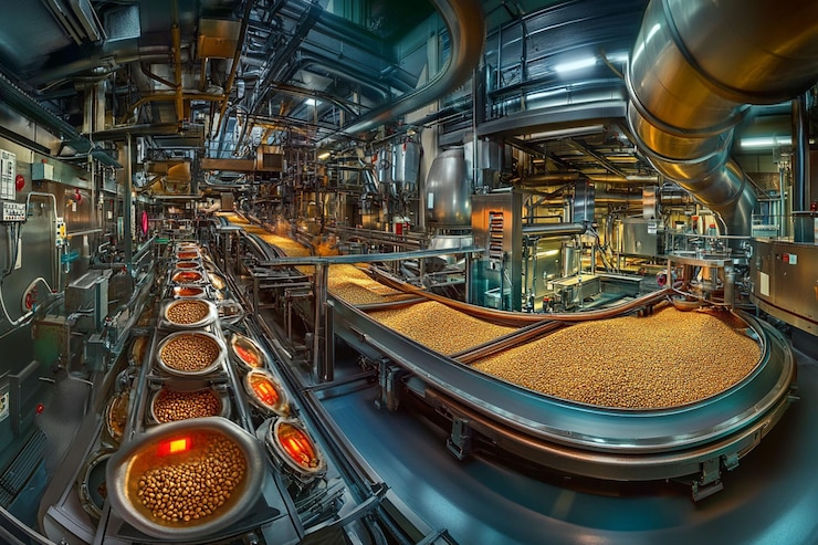 PSD industrial food processing plant conveyor belt system with roasted coffee beans