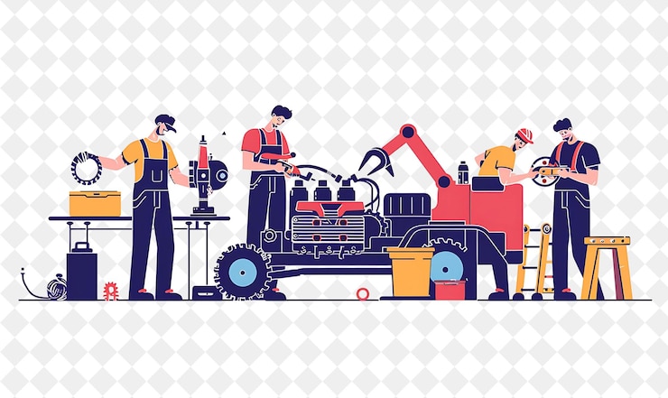 PSD industrial mechanic with characters fixing engines and using png people in daily work illustration