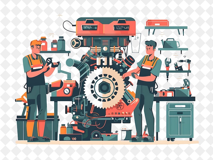 PSD industrial mechanic with characters fixing engines and using png people in daily work illustration