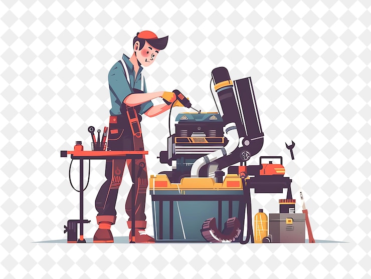 PSD エンジンを修理するキャラクターと日々の仕事のイラストでpngの人々を使用する産業メカニック