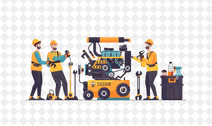 PSD エンジンを修理するキャラクターと日々の仕事のイラストでpngの人々を使用する産業メカニック