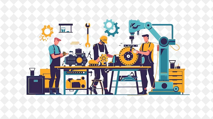 PSD industrial mechanic with characters fixing engines and weldi png people in daily work illustration