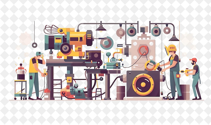 PSD industrial mechanic with characters fixing engines and weldi png people in daily work illustration