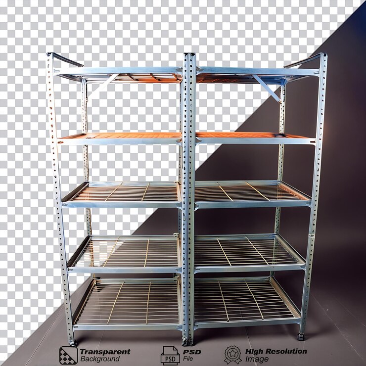 PSD industrial metal shelving unit isolated on transparent background