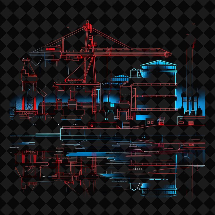 PSD industrial neon piers and wharves with a silhouette of a war png y2k ocean of light collections