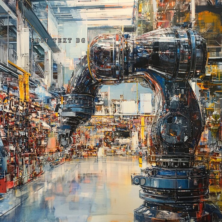 PSD industrial robotic arm in a factory setting detailed depiction of machinery and environment
