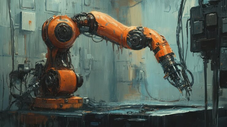 PSD industrial robotic arm in a factory setting a digital painting
