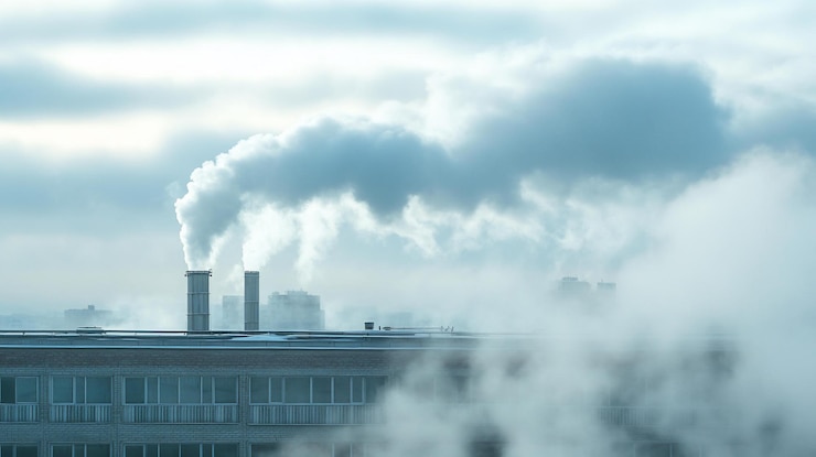 PSD industrial smoke stacks emitting steam and fog over city buildings on a cold cloudy day