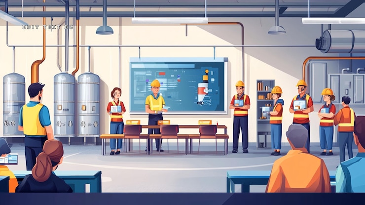 PSD industrial workers attend a training session in a large room with a presentation board